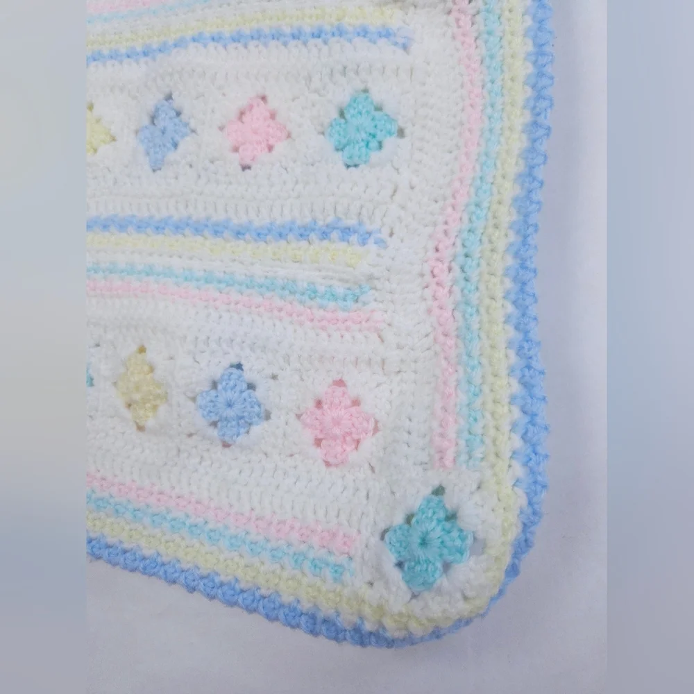 Handmade White And Pastel Pink Blue Yellow 30x33 Inch Crib Baby Blanket